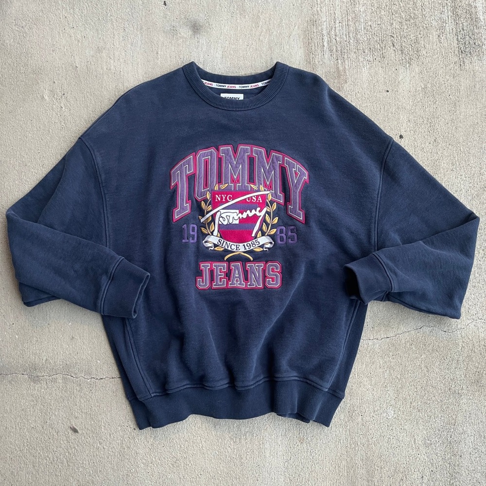 Tommy jeans ribbed crew neck‎ small petite navy blue embroidered